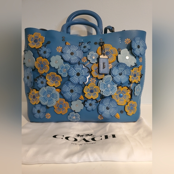 Coach Handbags - Coach ROGUE TOTE WITH BLUE LINKED TEA ROSE IN BLACK COPPER/RIVER